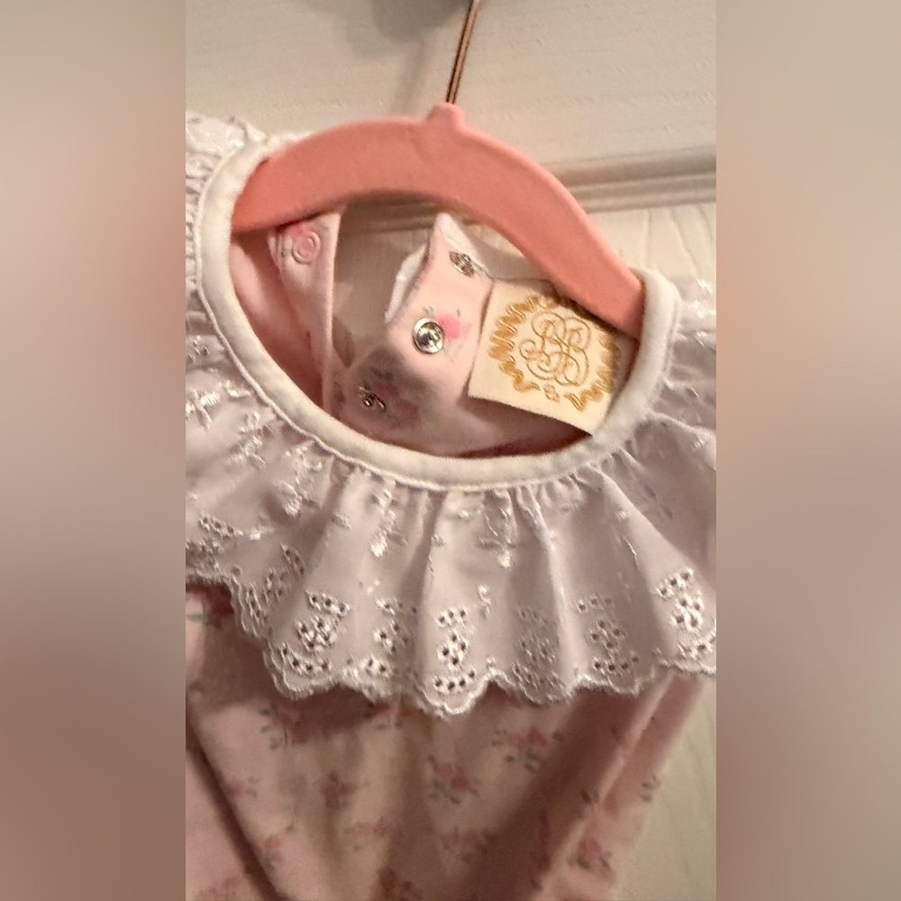 The Beaufort Bonnet Company Pink Floral Bodysuit with White Lace Collar